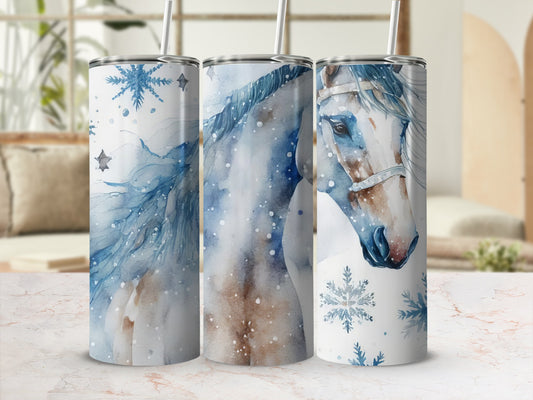 Watercolor horse and snowflake design on three tumblers.
