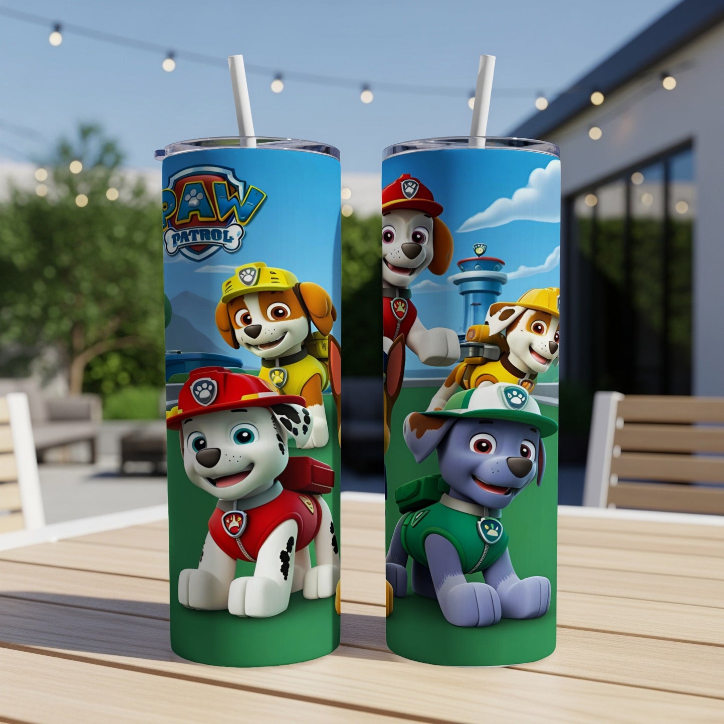 Paw Patrol characters on green and blue tumblers with straws.
