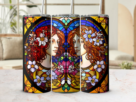 Stained glass design featuring profile portraits of two women surrounded by flowers.