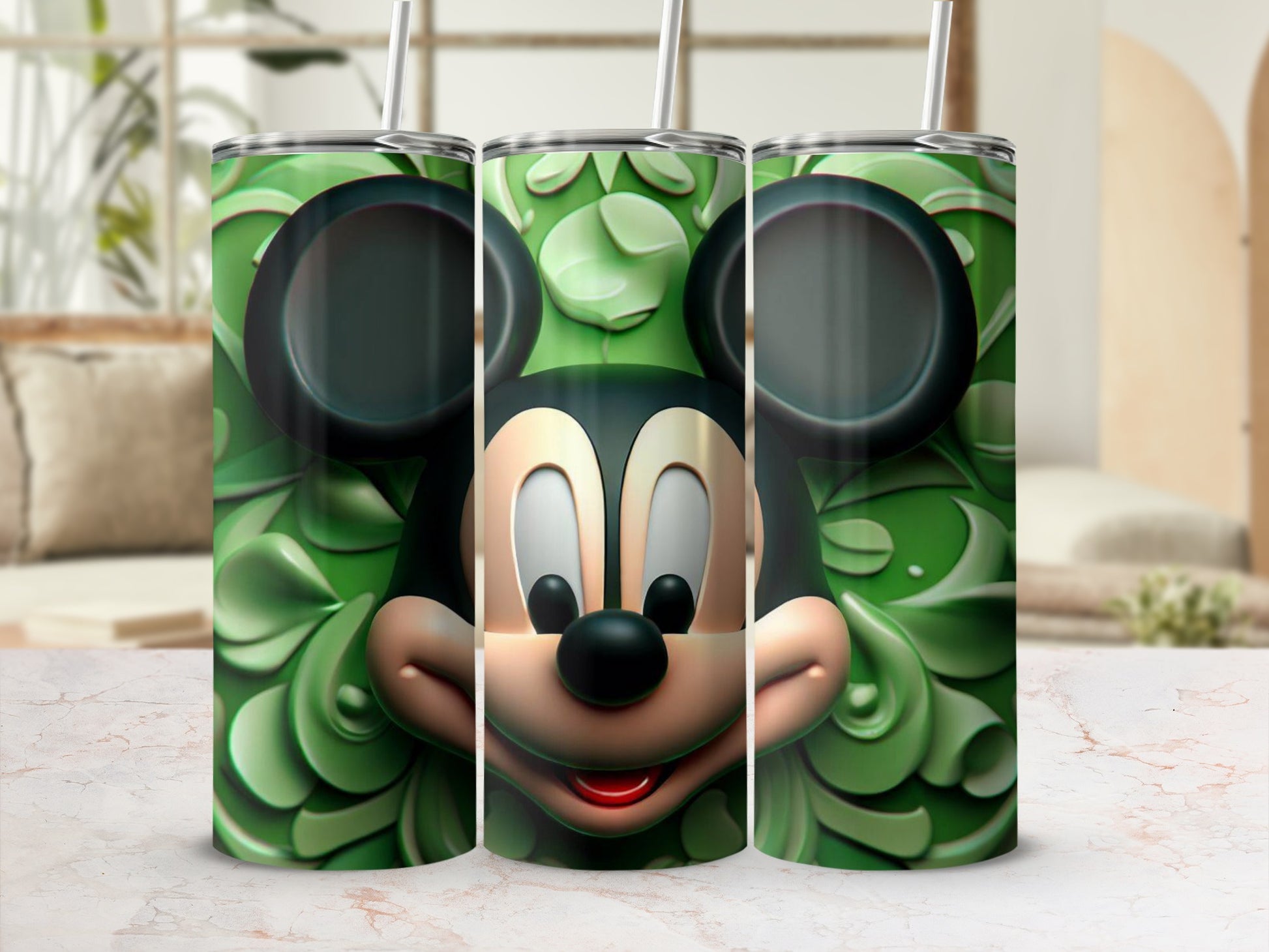 Green Leaves Mickey Mouse Design Tumbler Cup