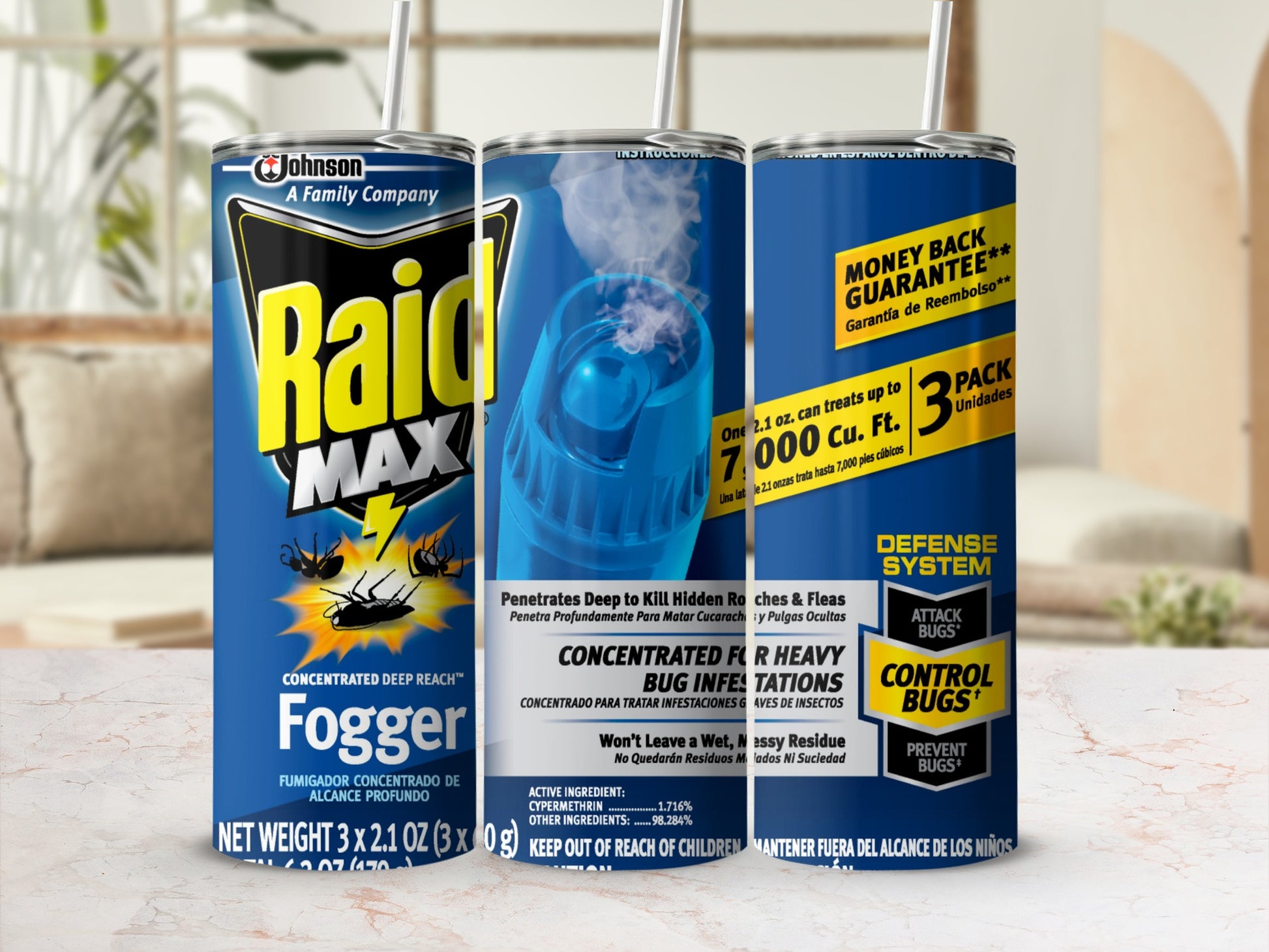 Raid Max fogger can with text detailing deep reach and heavy bug infestation treatment.