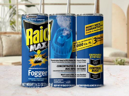 Raid Max fogger can with text detailing deep reach and heavy bug infestation treatment.