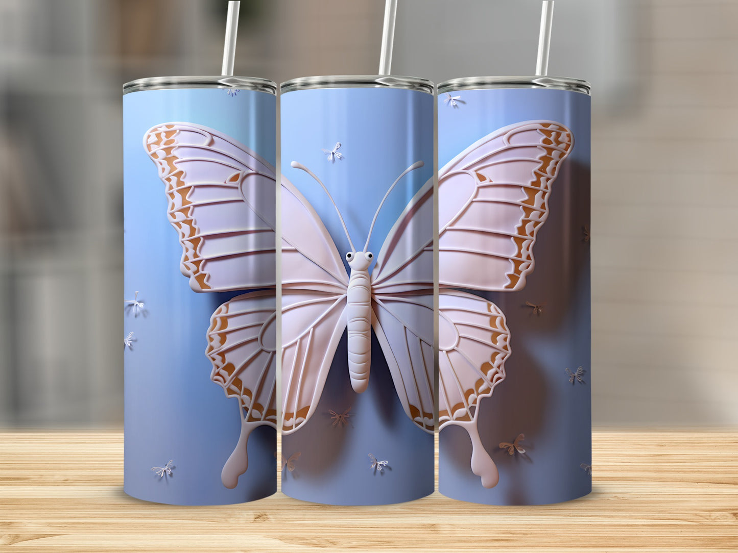 3D pink butterfly tumbler with iridescent accents on blue background.