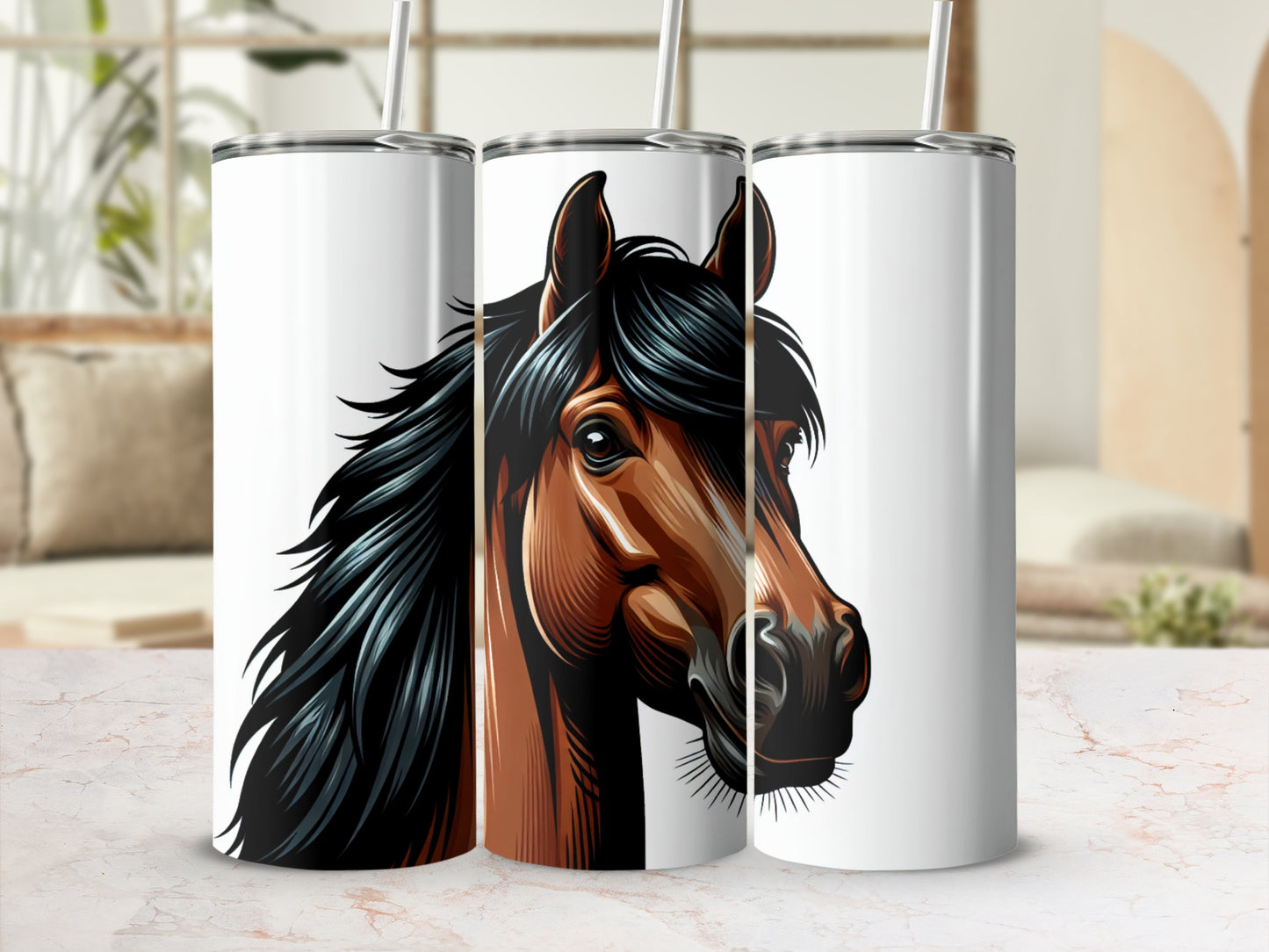 Three tumblers featuring a brown horse's head with a flowing black mane.