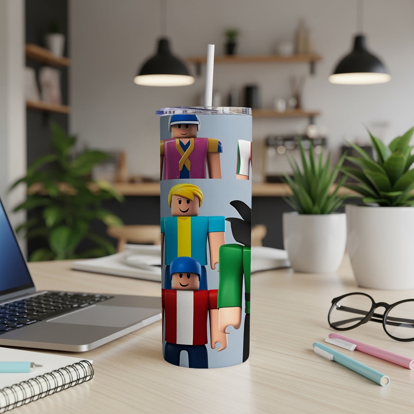 Tumbler with rows of cartoon Roblox characters in blue, red, and green outfits.