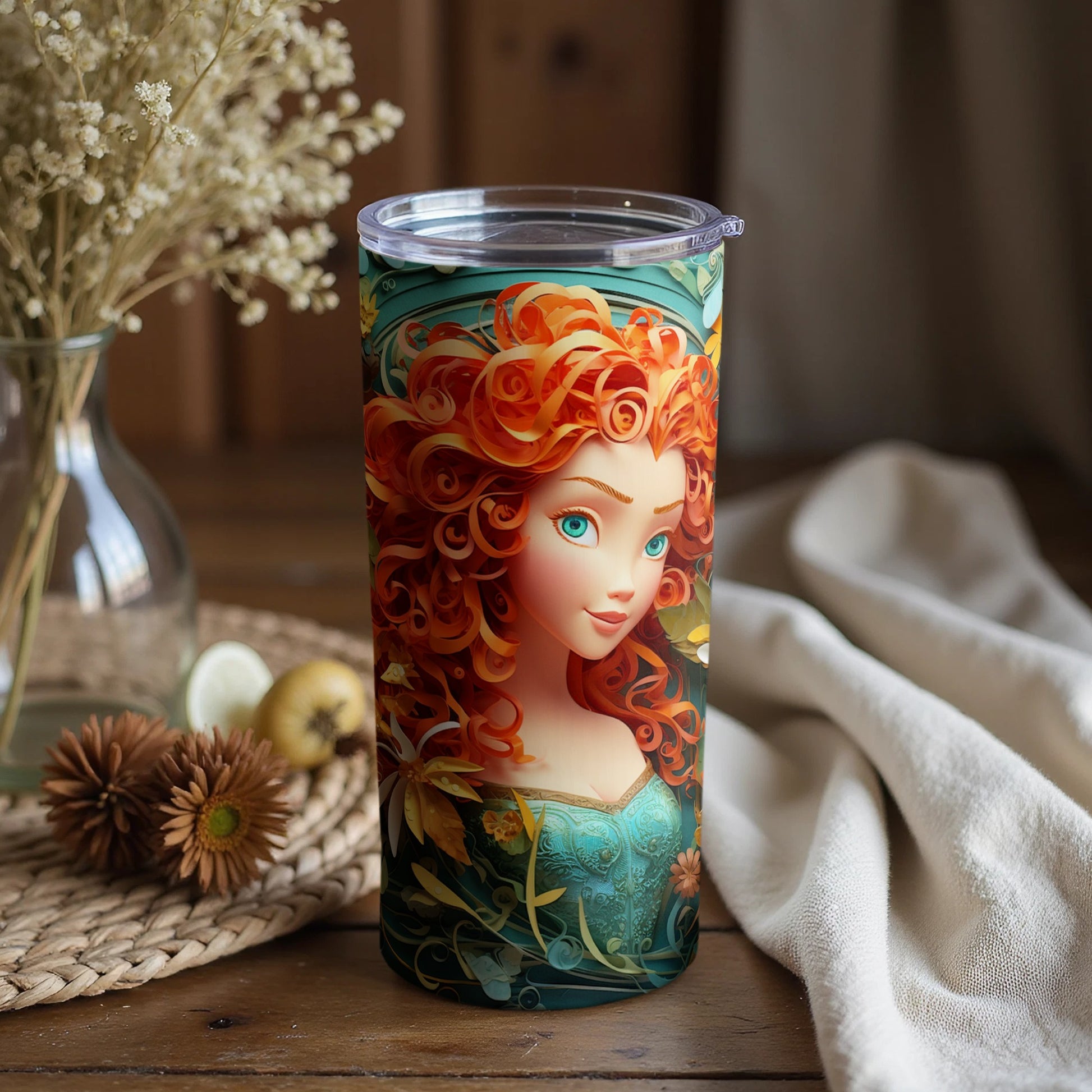 Vibrant Redhead Character Floral Tumbler Cup Design