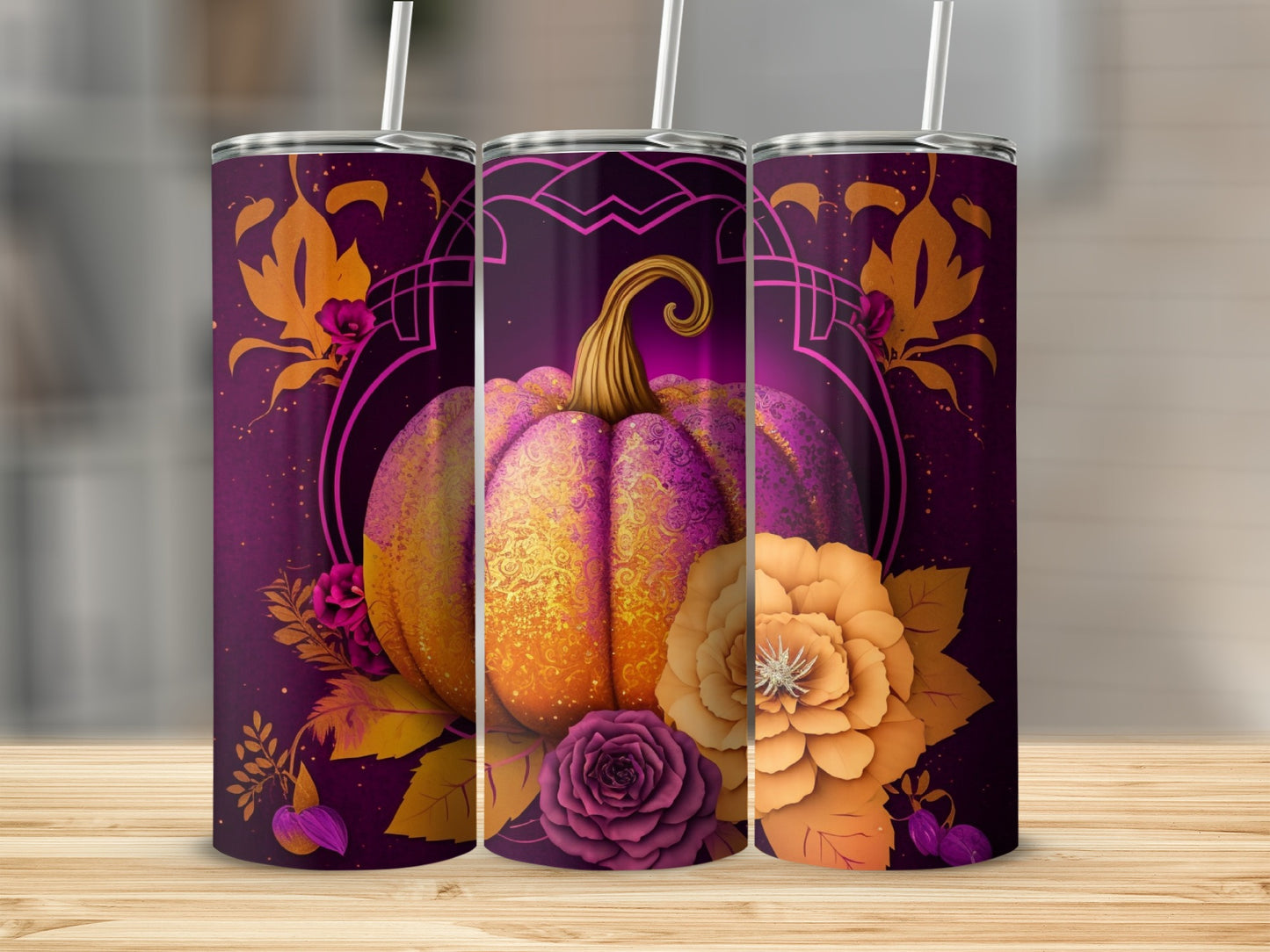 Purple tumbler with golden pumpkin and floral accents.