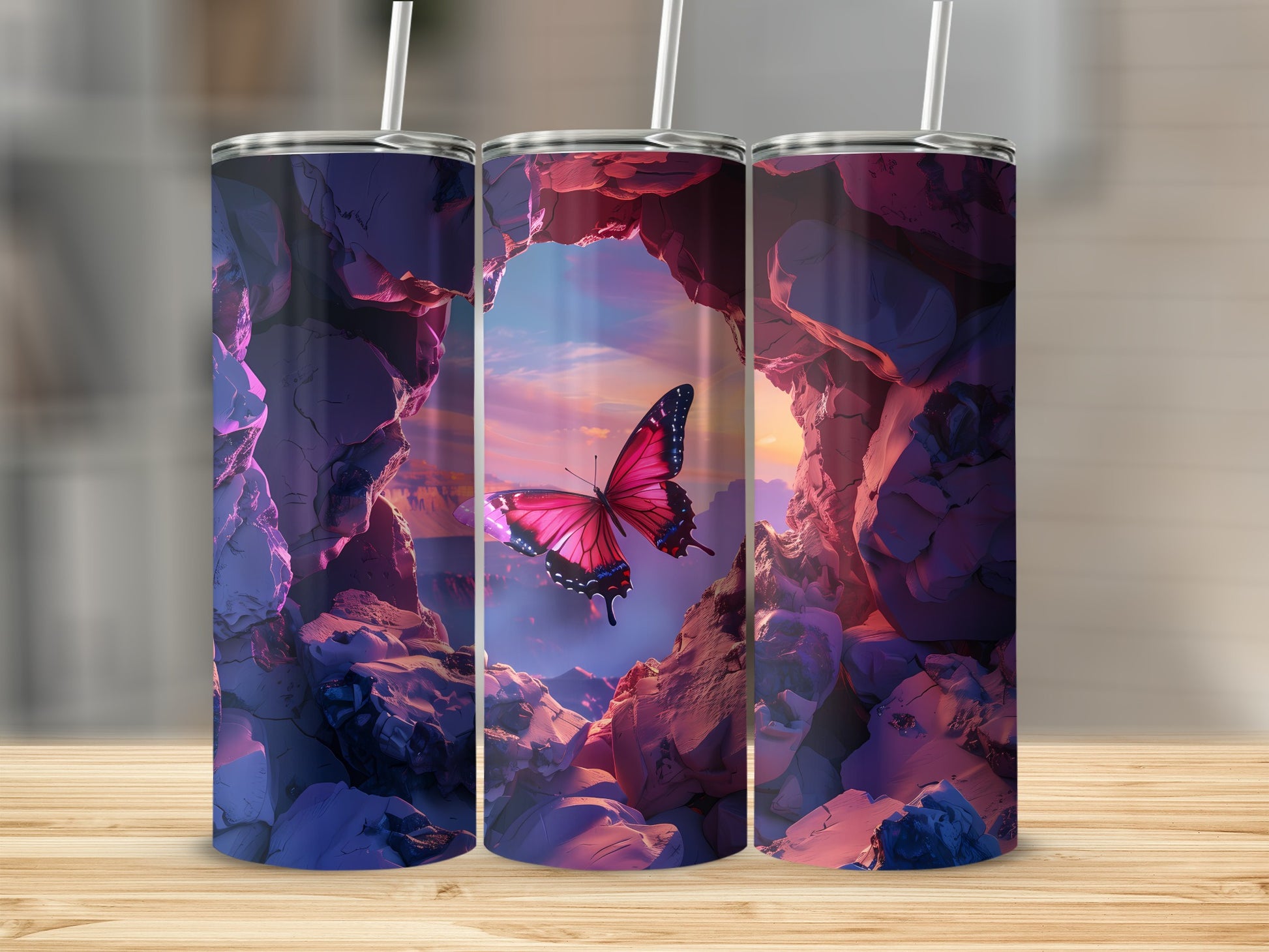 Pink butterfly flying out of a rocky cave at sunset.