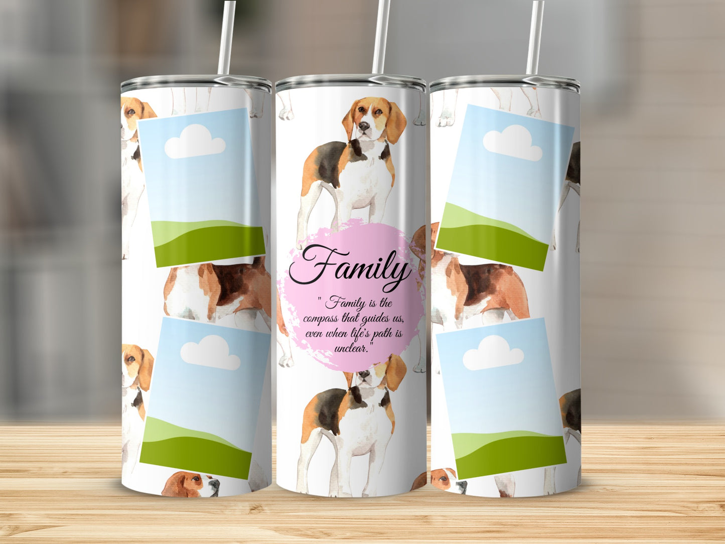 Beagle illustrations and "Family" quote on a patterned tumbler.