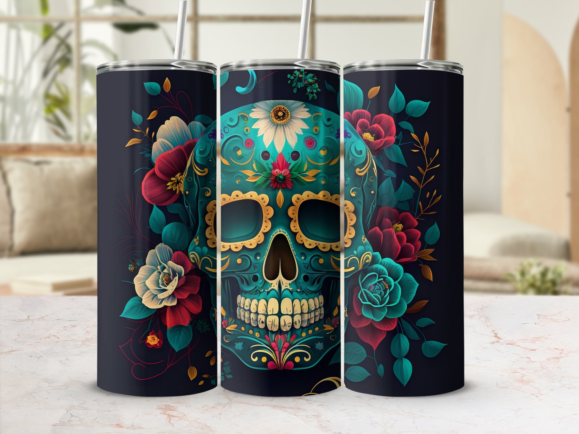 Artistic Skull and Floral Design Tumbler Product