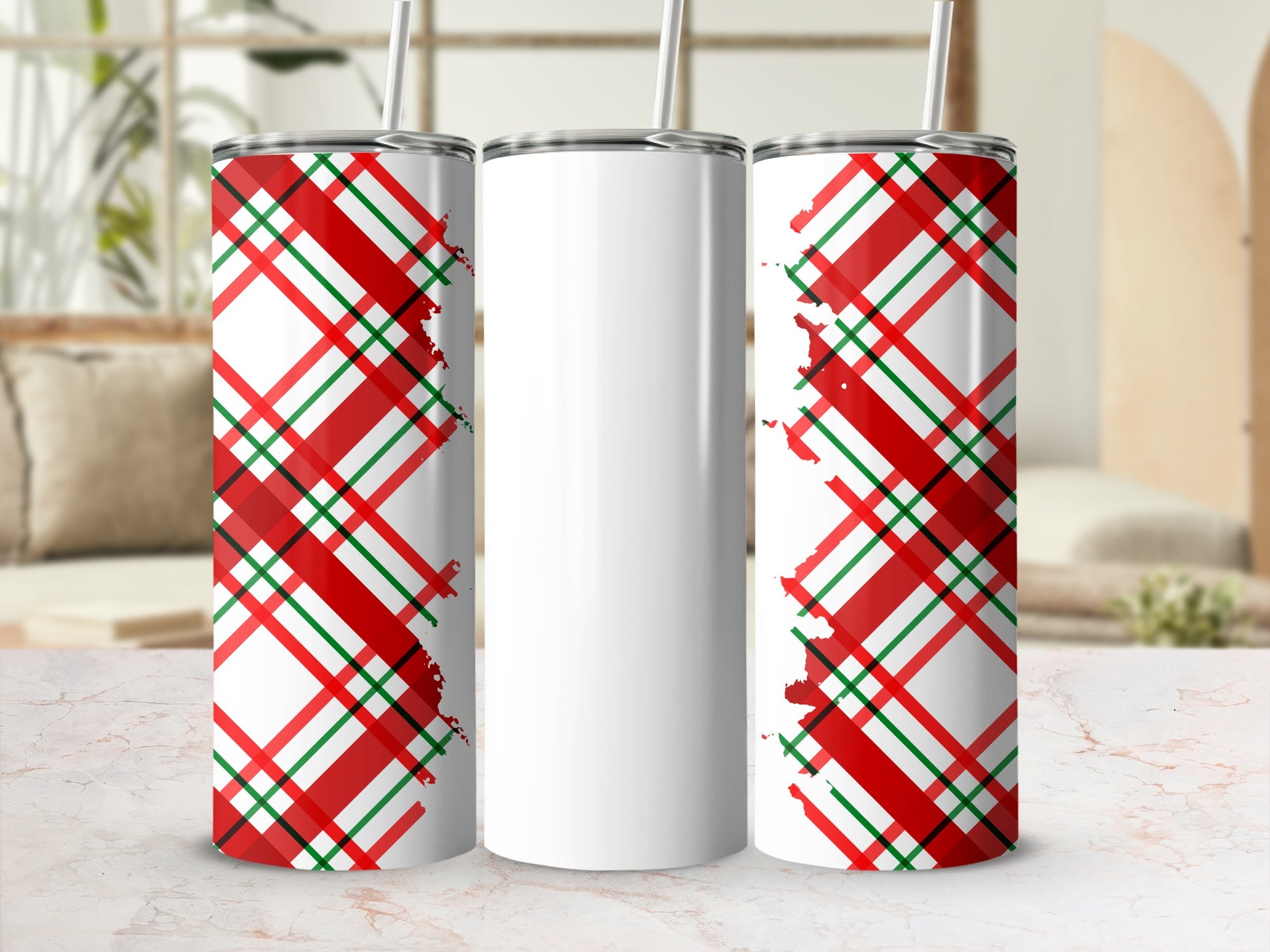 Festive Red and Green Plaid Pattern Tumbler Product