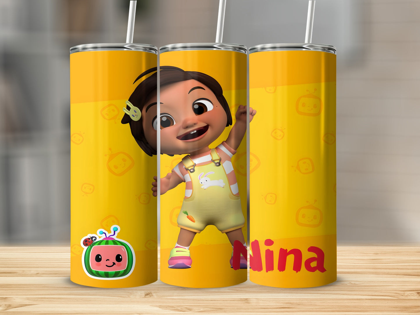 Three tumblers featuring Cocomelon's JJ character and the name "Nina".
