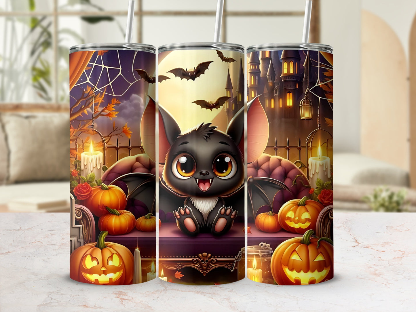Halloween tumbler with cute bat, pumpkins, bats, and haunted castle design.