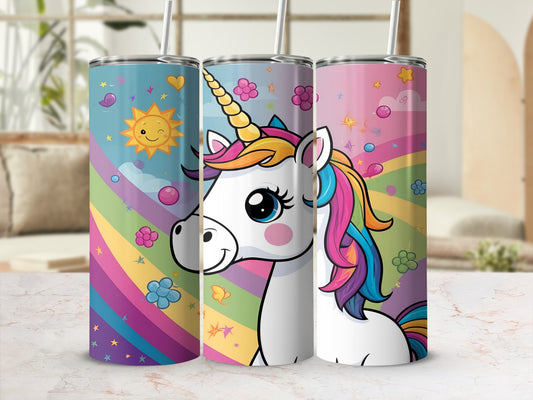 Three tumblers featuring colorful unicorns and rainbow designs.