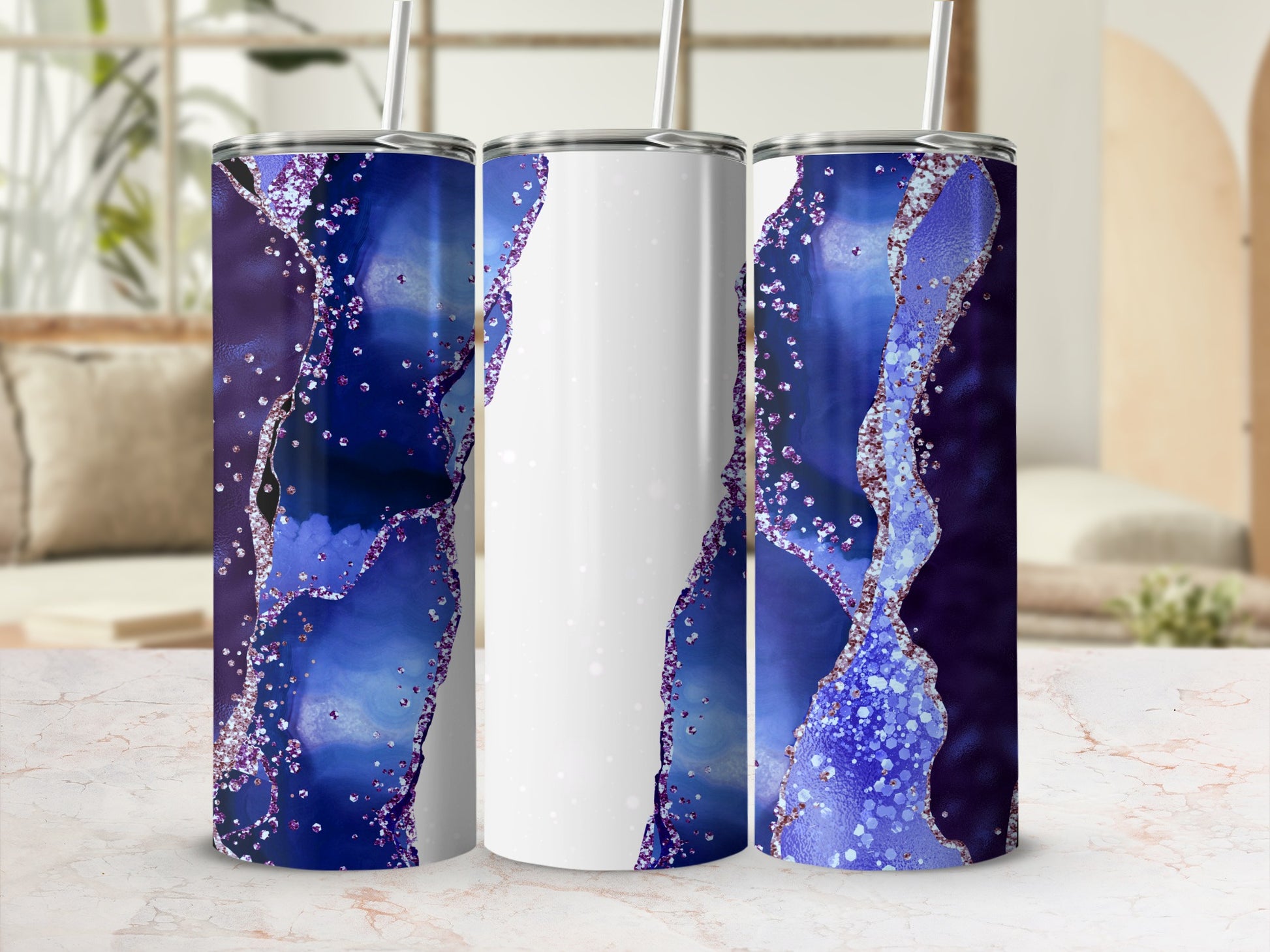 Tall tumbler with abstract purple and blue glitter design.