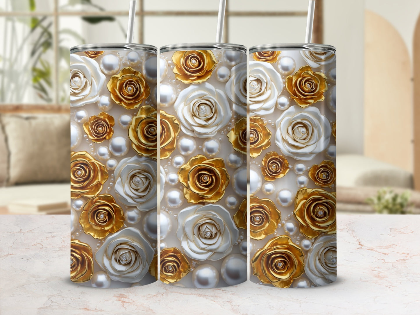 Three tumblers with white and gold roses and pearl accents.