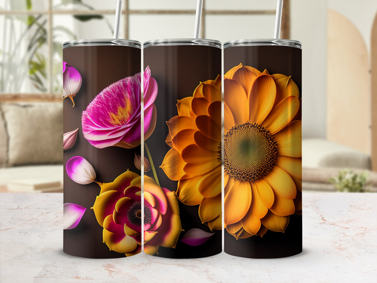 Floral Design Insulated Tumbler with Metal Straw
