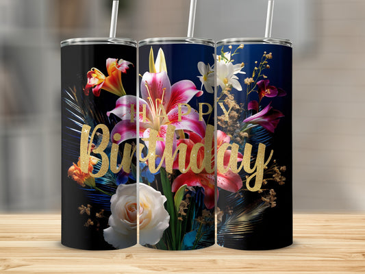 Three tumblers with floral designs and "Happy Birthday" text in gold glitter.