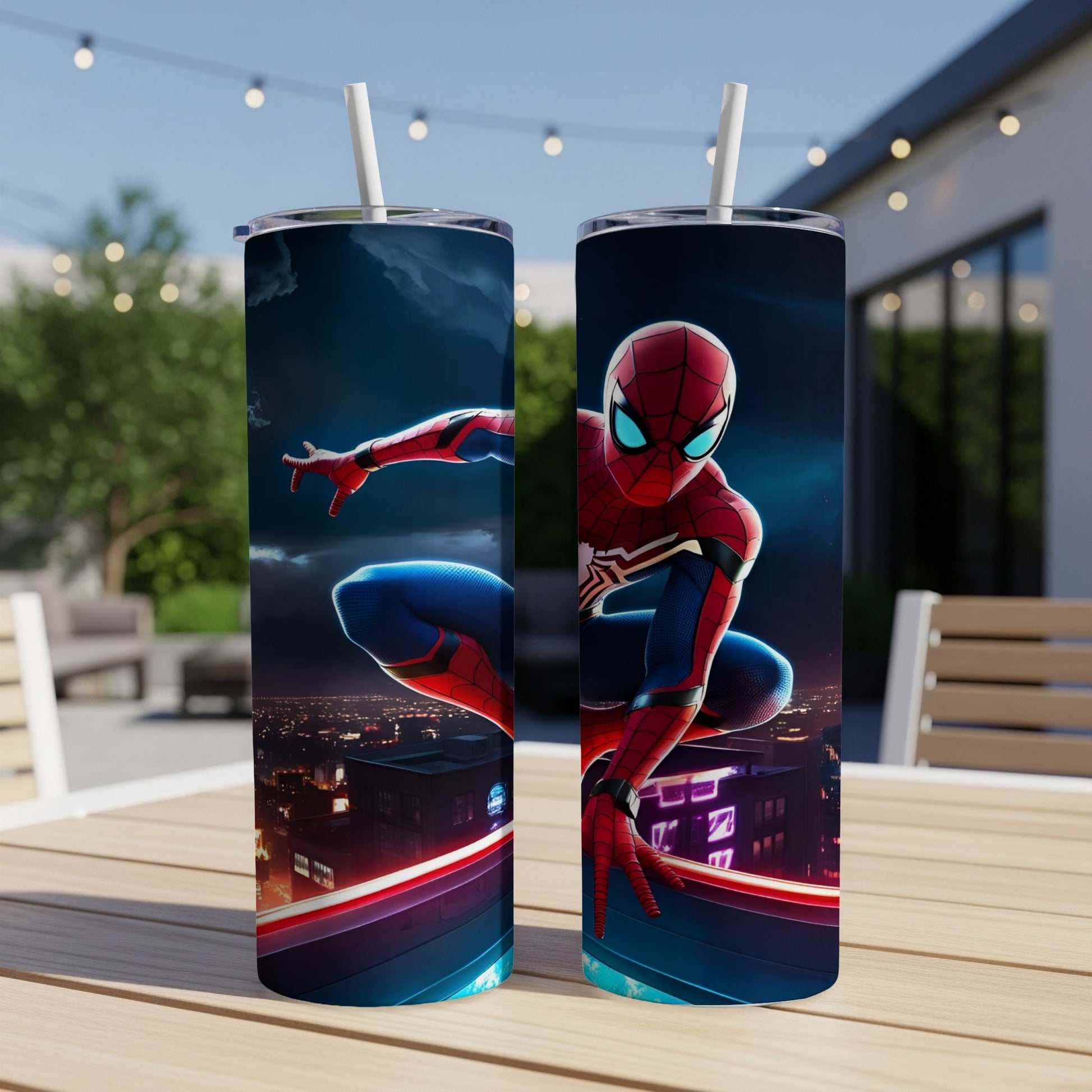 Spider-Man in dynamic pose on city rooftop.