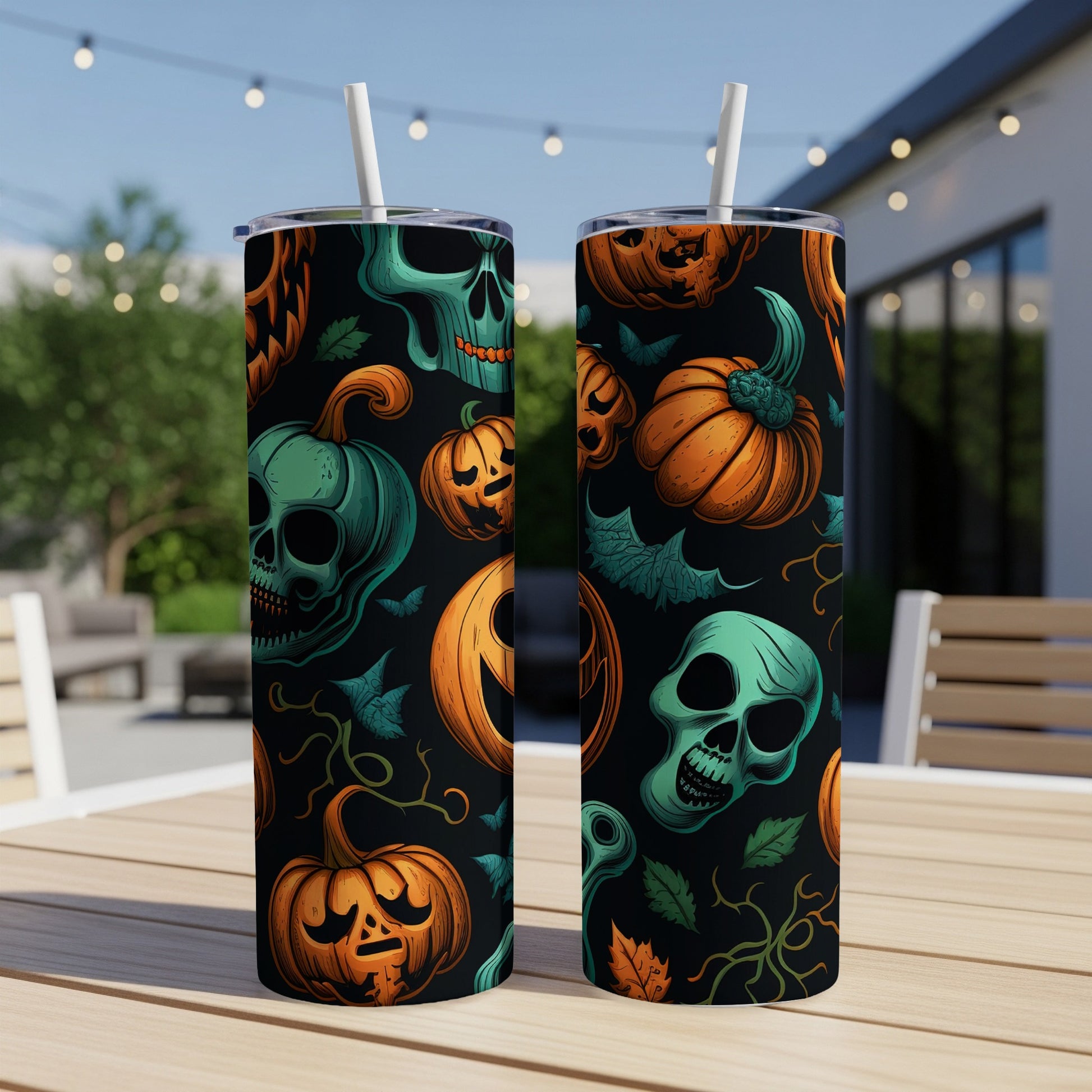Two tumblers with a Halloween pattern of skulls and jack-o'-lanterns on a black background.