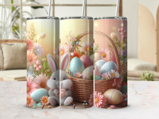 Easter bunny and painted eggs in a basket with floral accents.