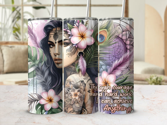 Tattooed woman with flowers and feathers on a tumbler with inspirational quote.