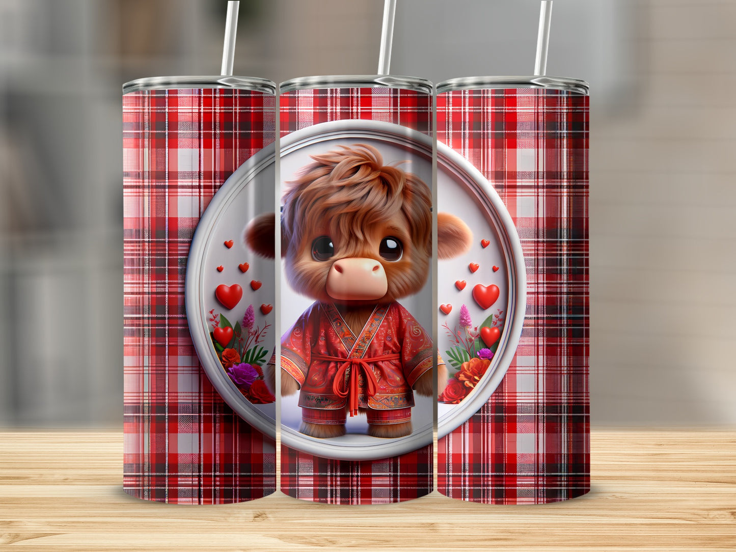 Three tumblers with a plaid pattern and a cute cow illustration.