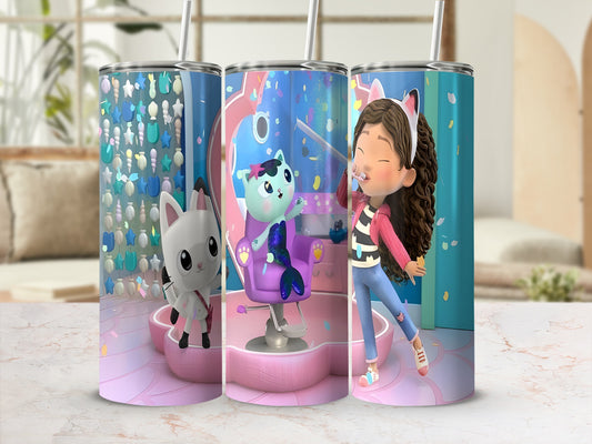 Gabby's Dollhouse characters Gabby and Pandy Paws on a pink tumbler.