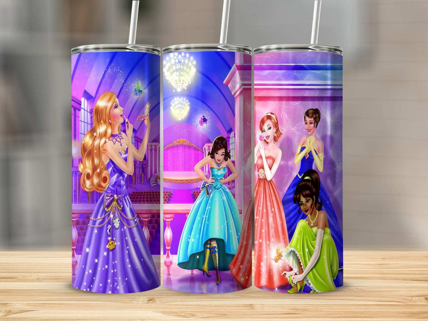 Three princesses in elegant gowns with sparkly backgrounds.