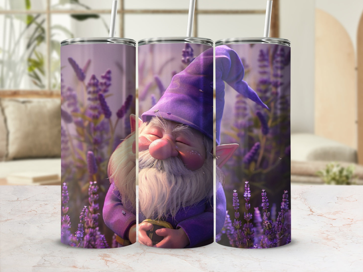 Purple gnome with eyes closed holding a blue ball, surrounded by lavender flowers.
