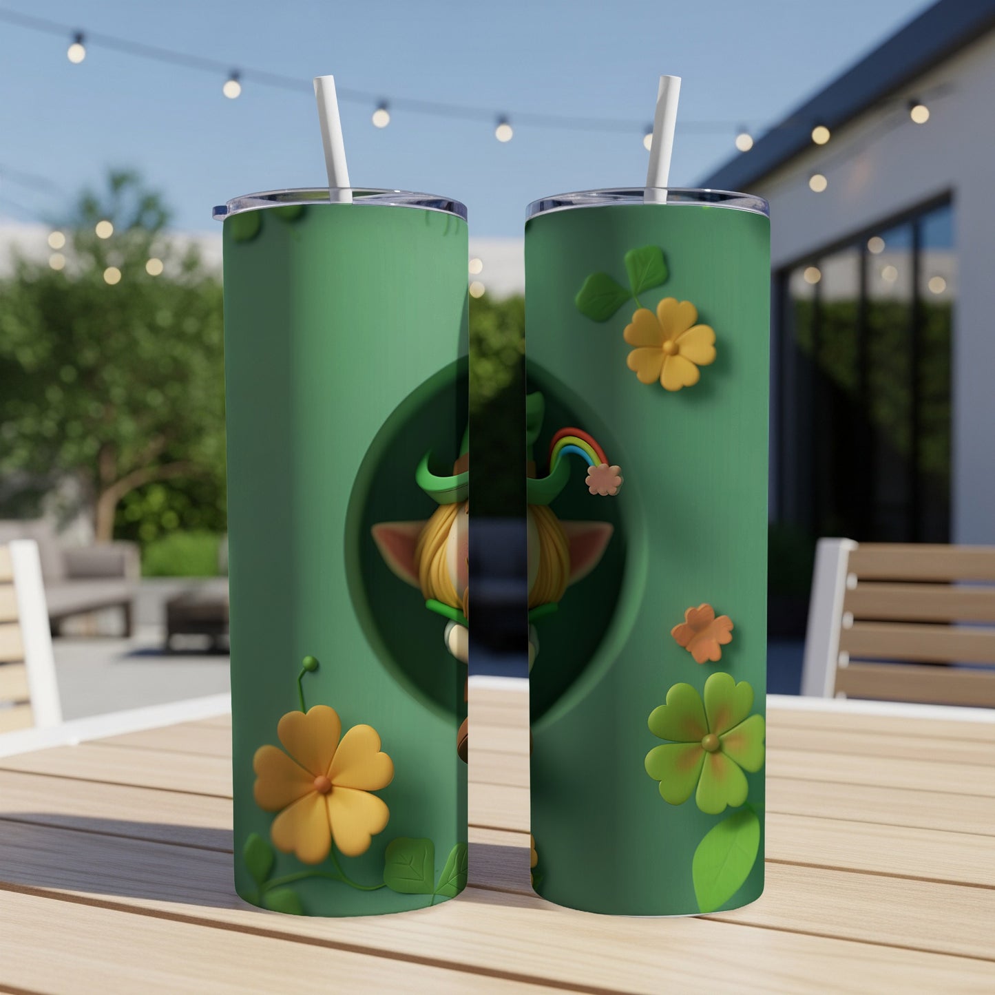 Green tumblers with clover and rainbow unicorn design.