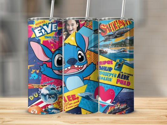 Three tall, colorful tumblers featuring Stitch and various action scenes.