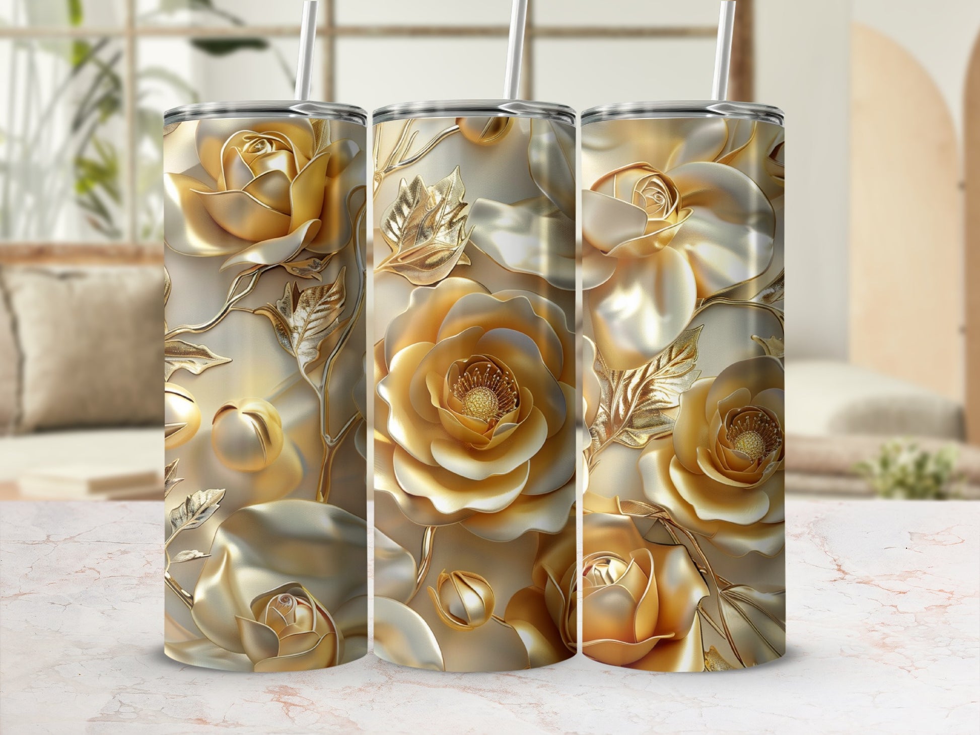 Gold floral tumbler with raised rose and leaf design.