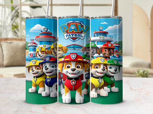 Paw Patrol pups on tumblers with building backgrounds.