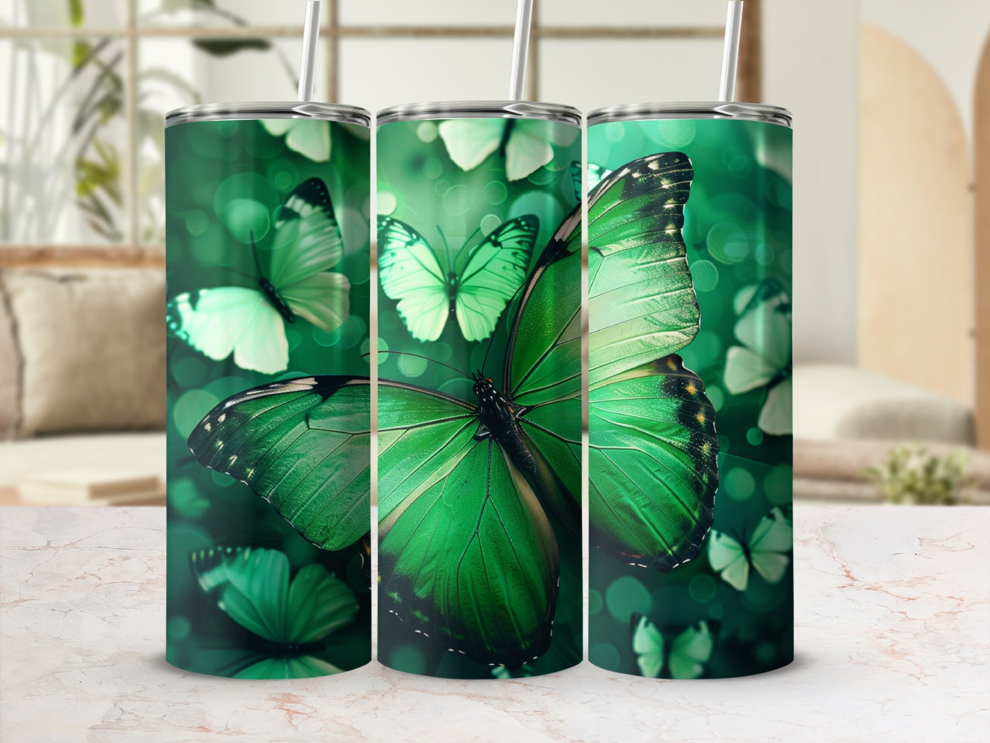 Green butterflies on a textured tumbler with a blurred background.