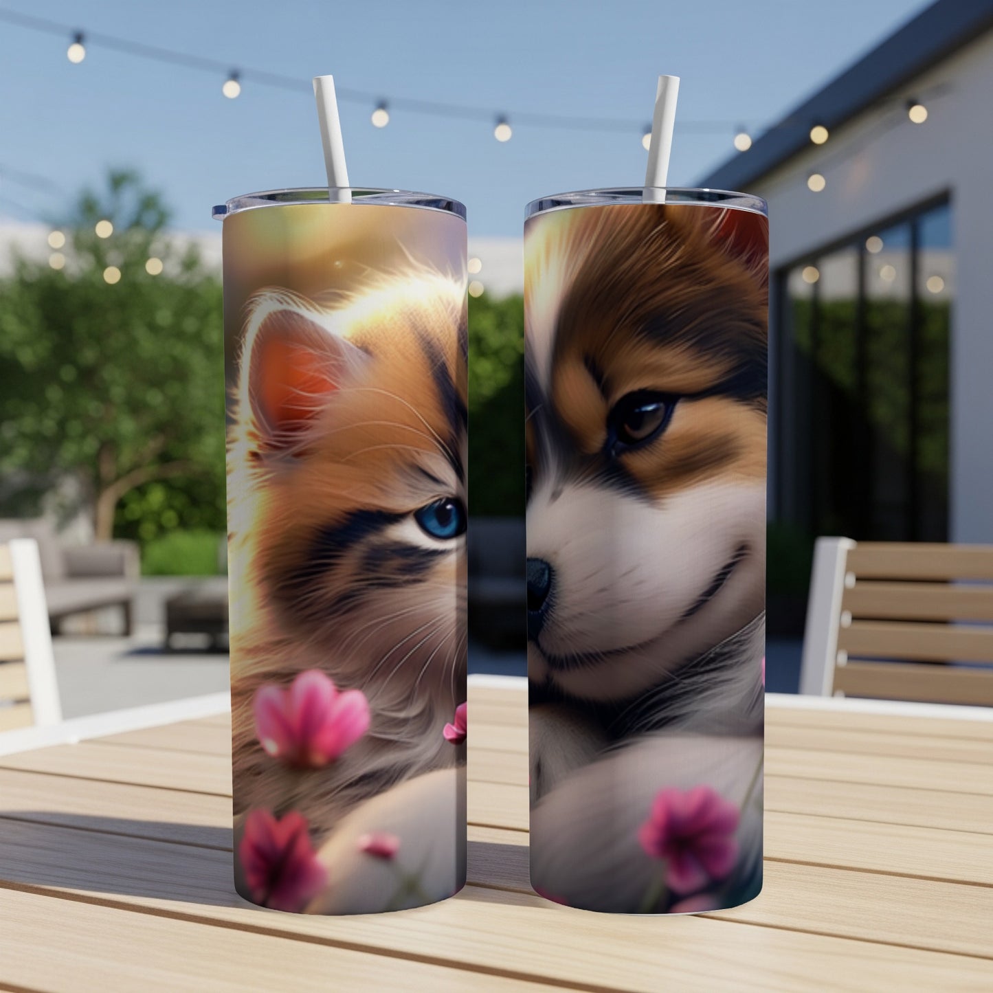 Two tumblers side by side, one with a cat face, the other with a dog face.
