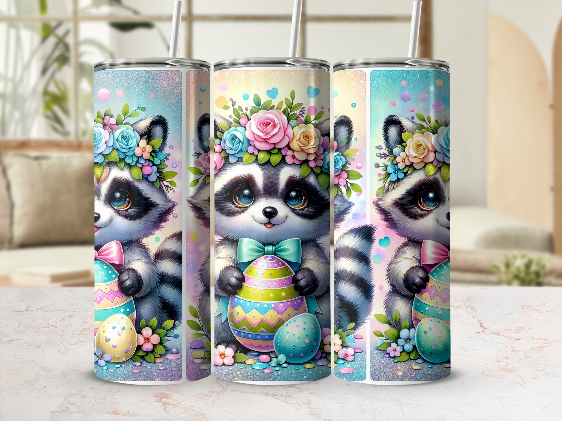 Cute raccoon wearing a flower crown holding an Easter egg.