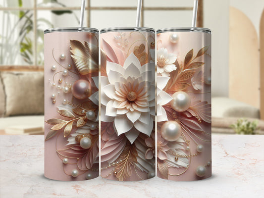 Pink floral tumbler with gold accents and pearl embellishments.