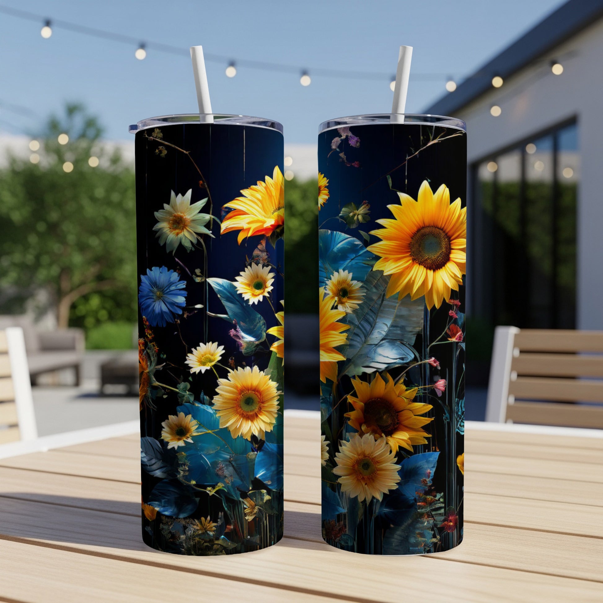Two tumblers with sunflowers and blue floral design on a patio table.