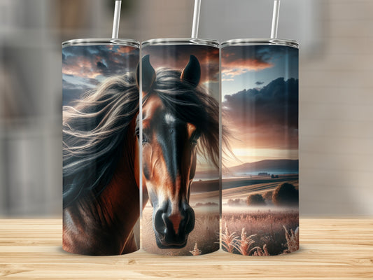 Brown horse head with flowing mane against sunset landscape on three tumblers.