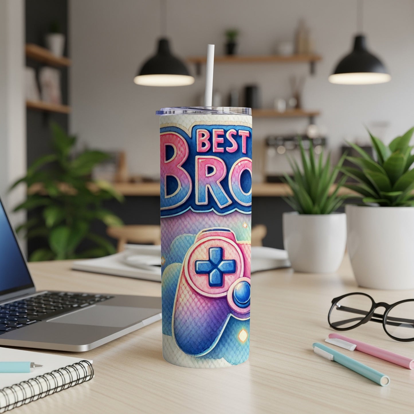 "Best Bro" tumbler with video game controller design and straw.