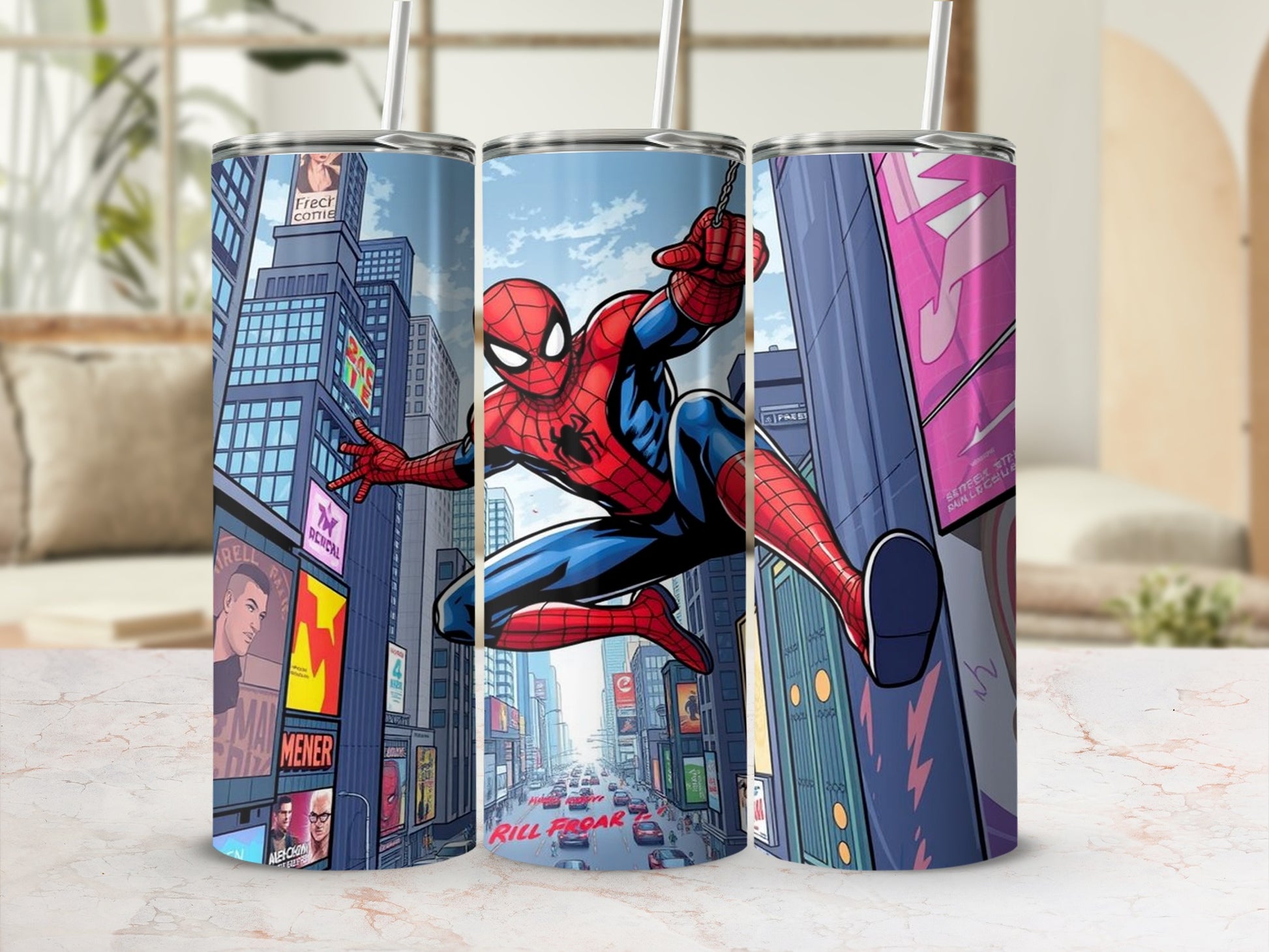 Colorful Spiderman Swinging Through City Scene Tumbler
