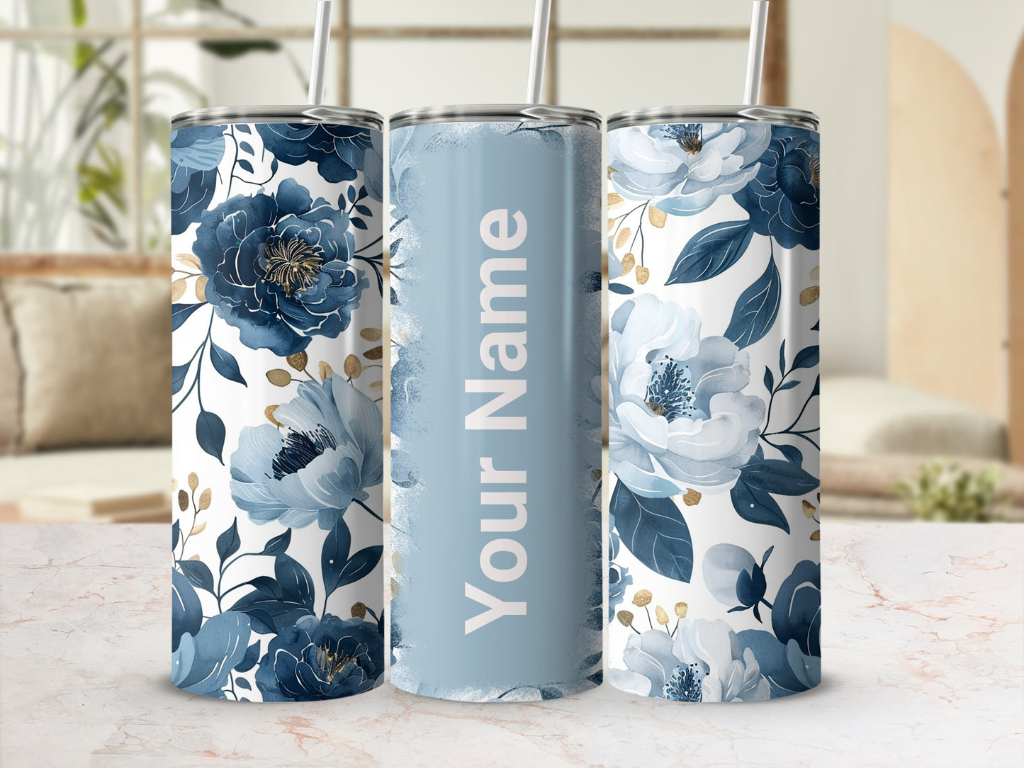 Personalized Blue Floral Design Insulated Tumbler