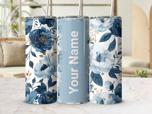 Personalized Blue Floral Design Insulated Tumbler