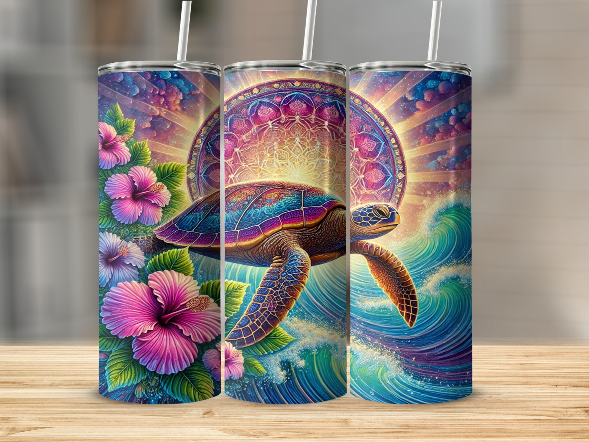 Vibrant Turtle and Floral Design Tumbler Product