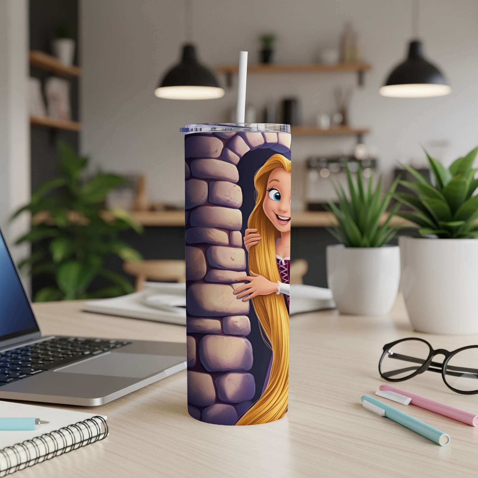 Rapunzel peeking from behind a stone wall on a tumbler.
