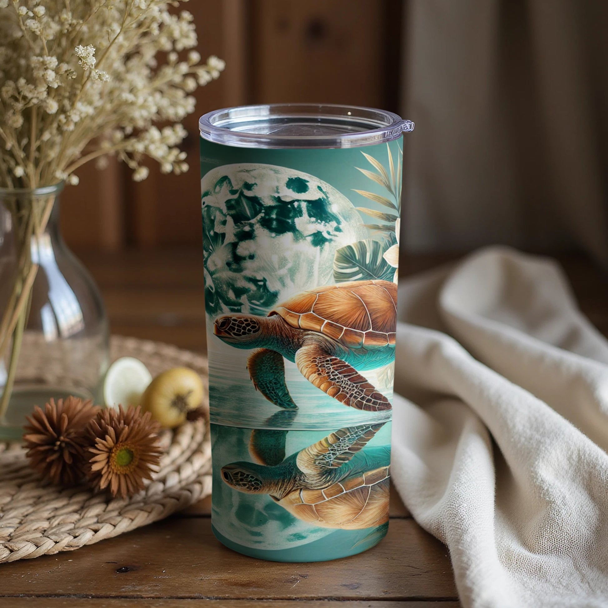 Sea Turtle and Full Moon Graphic Tumbler