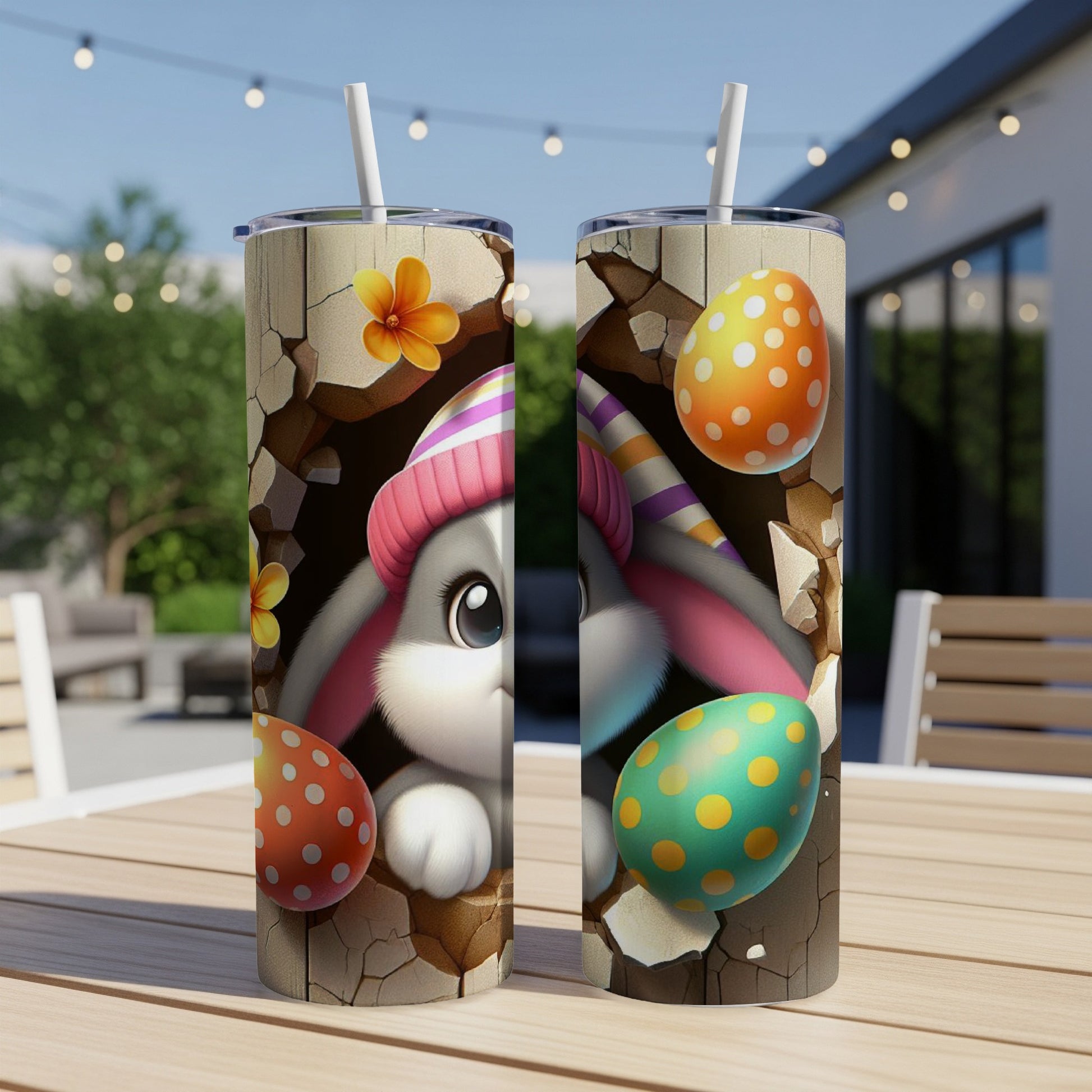 Two tall tumblers featuring a cartoon bunny and Easter eggs breaking through cracked wood.