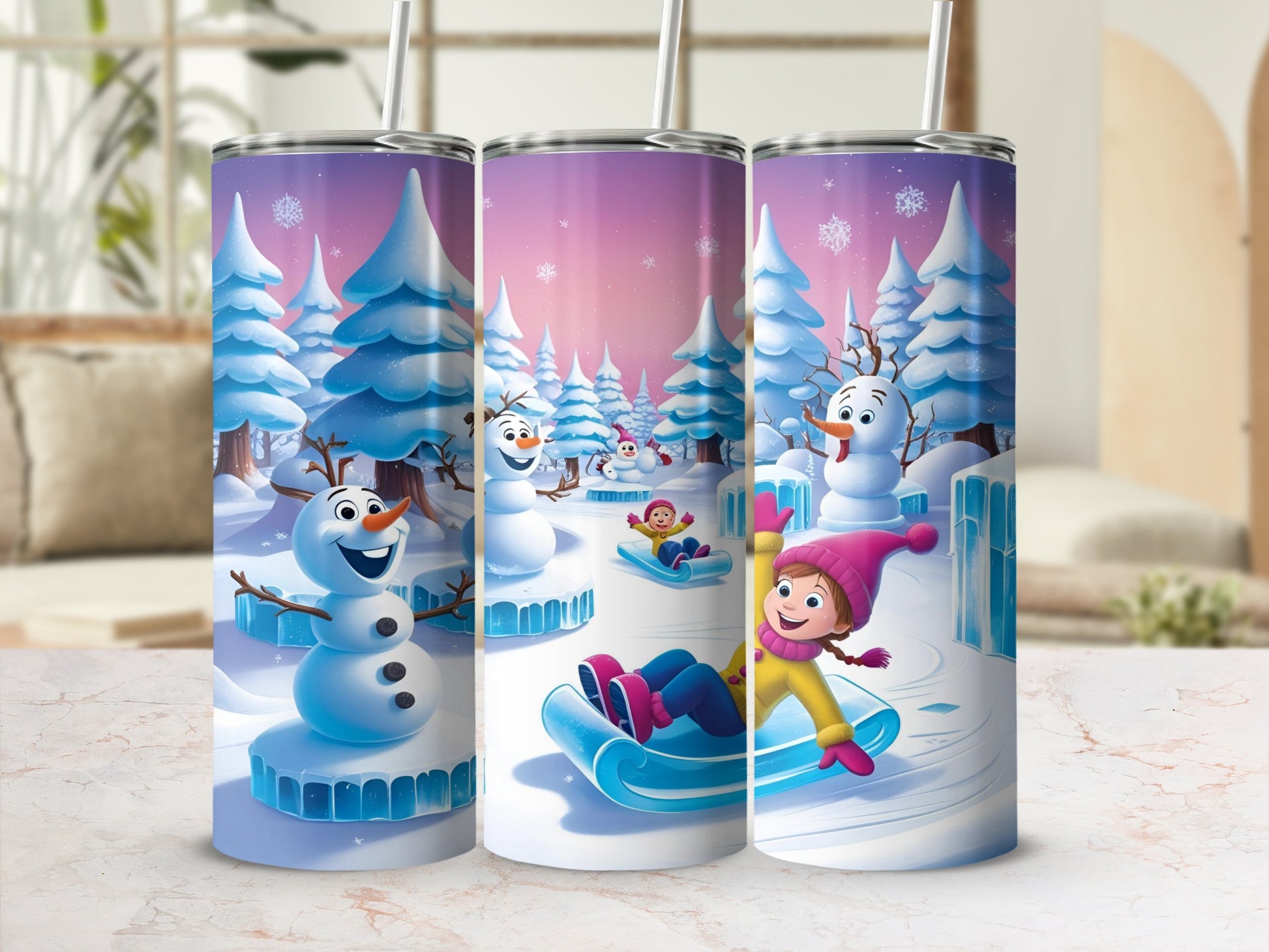 Olaf and children sledding on snow in winter forest, purple sky.