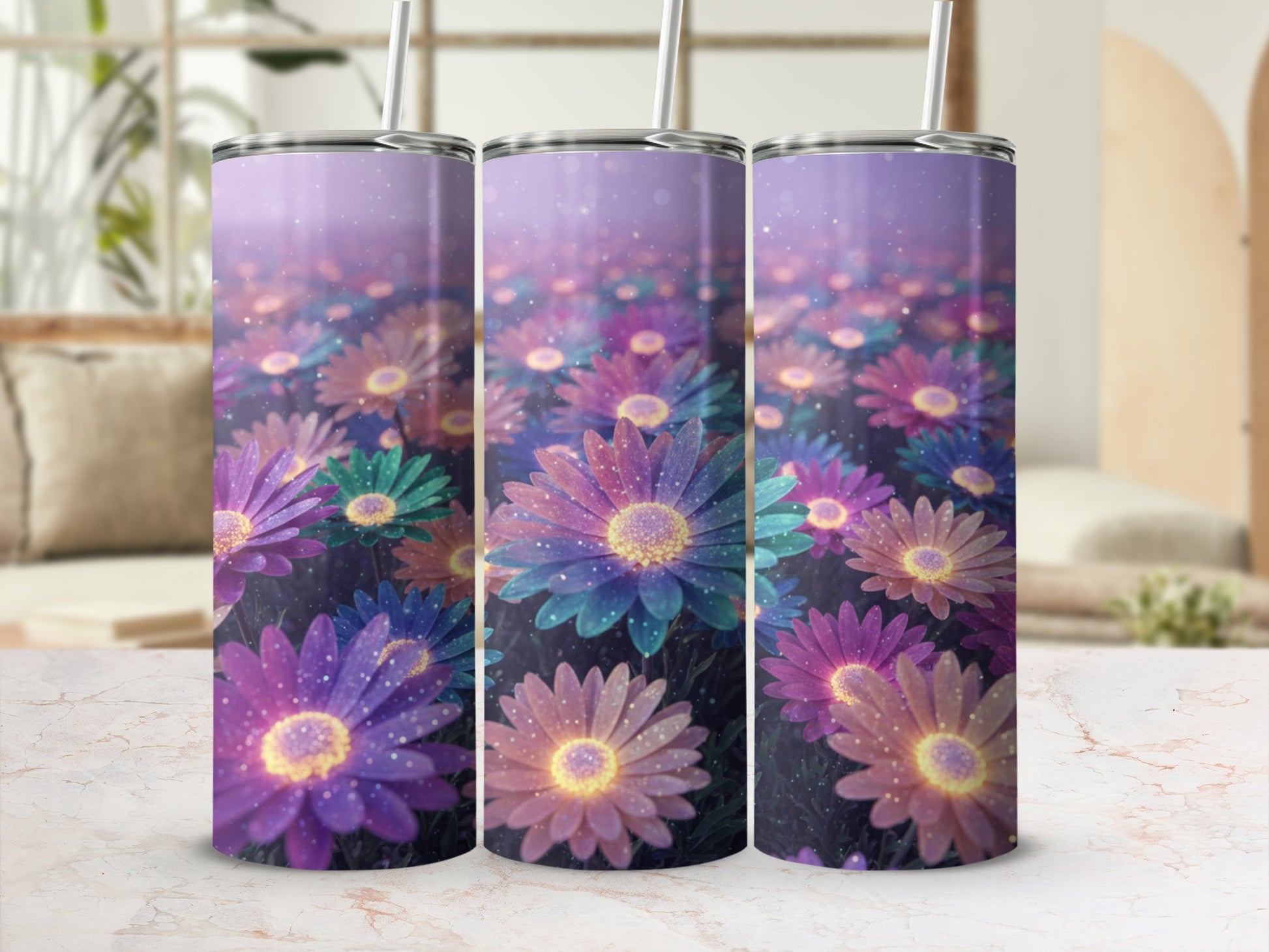 Vibrant Floral Design Tumbler Rainbow Daisy-Themed Cup